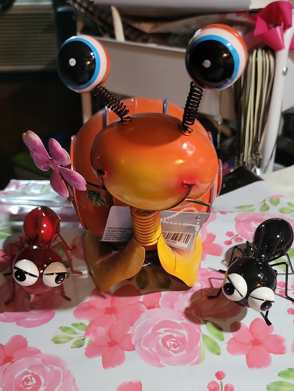 Metal Garden Snail Figurine in Orange with Pink Flower Accent And 2 Ants